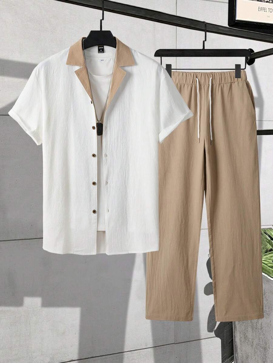 Classy Mix Color White & Cream Mens Full Set Trouser and Shirt Half Sleeves