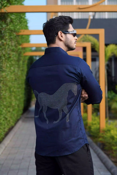 Horse Printed on Back Mens Full Sleeves Formal Shirt Party Wear