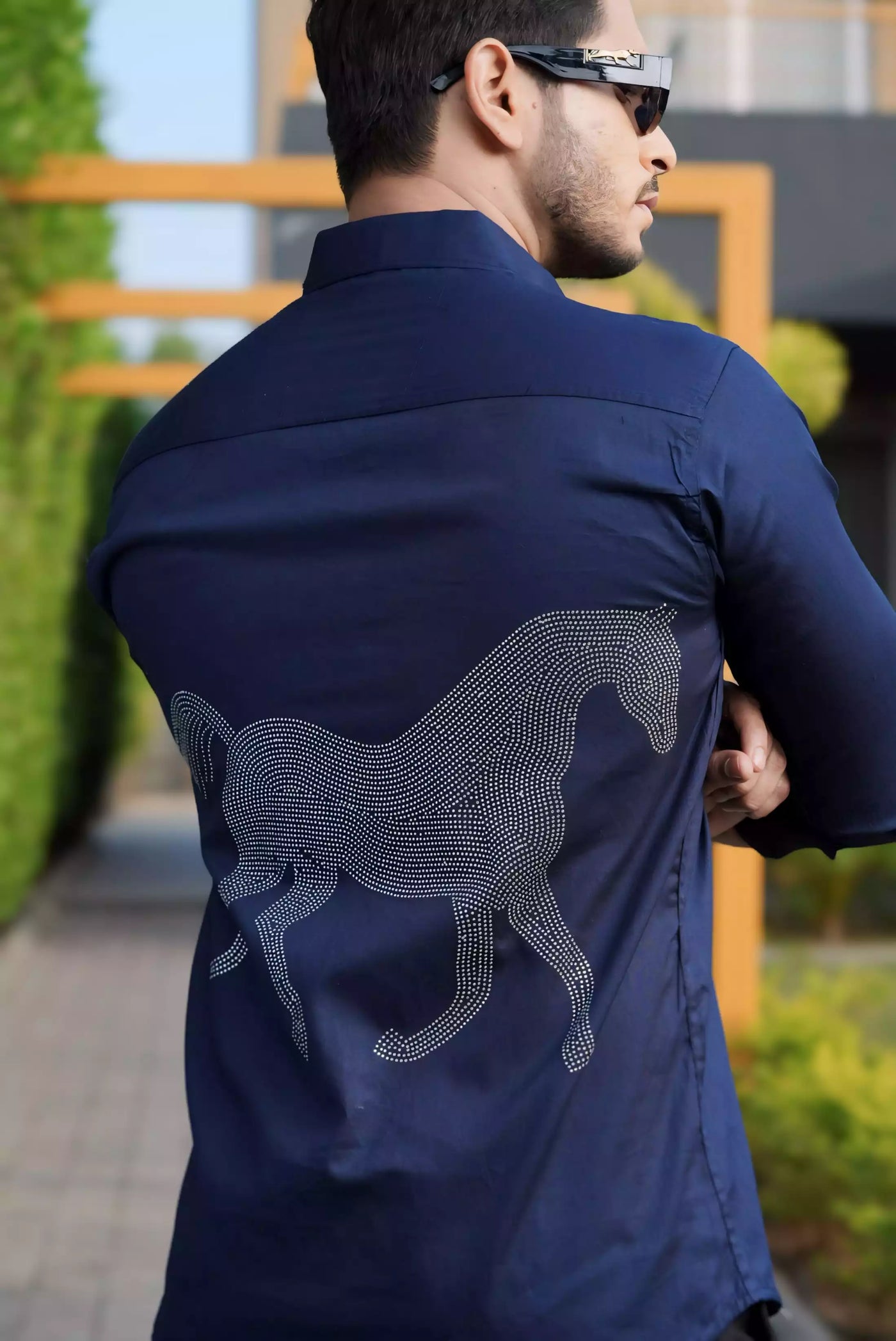 Horse Printed on Back Mens Full Sleeves Formal Shirt Party Wear