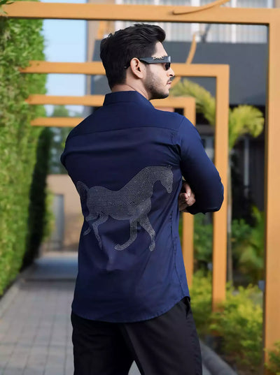 Horse Printed on Back Mens Full Sleeves Formal Shirt Party Wear