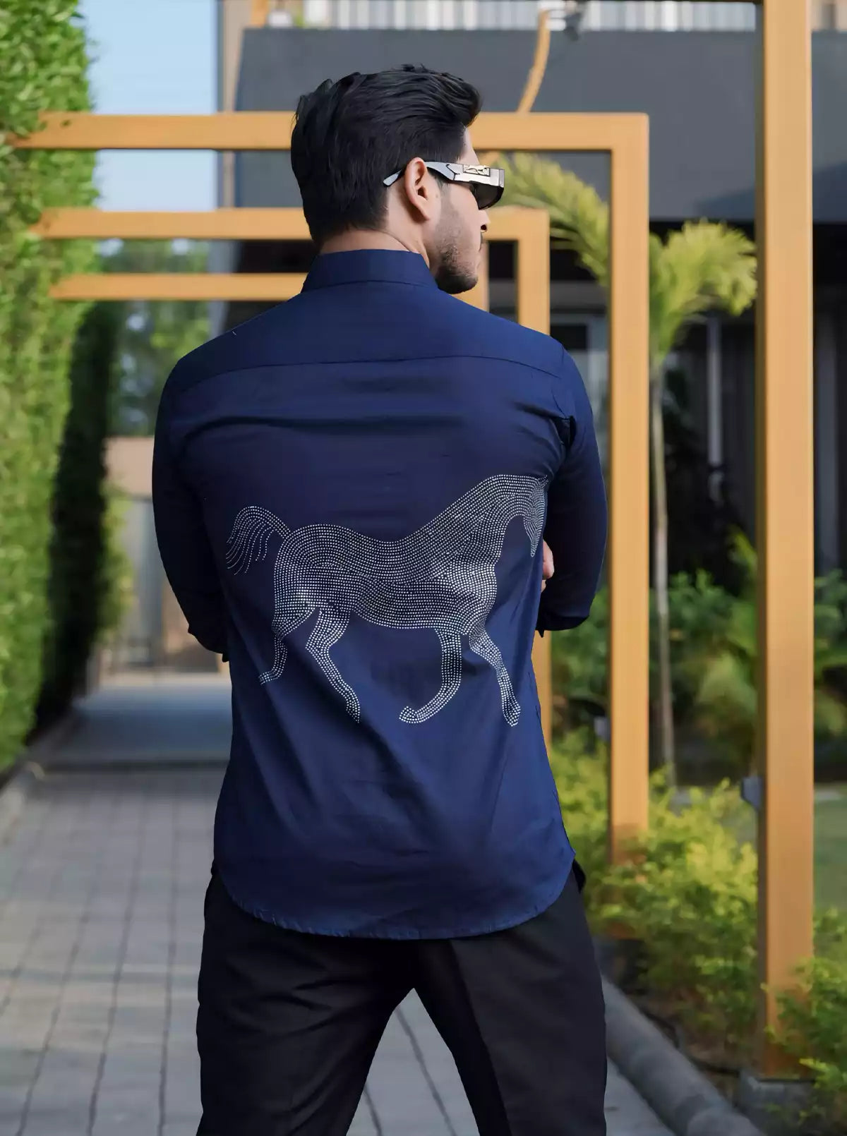 Horse Printed on Back Mens Full Sleeves Formal Shirt Party Wear