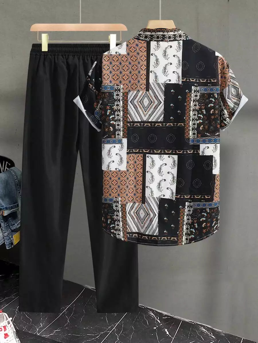 CLASSY BLACK MANDALA  Mens Full Set Trouser and Shirt Half Sleeves