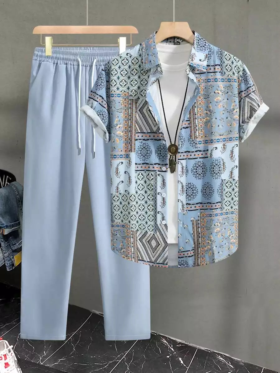 CLASSY BLUE MANDALA  Mens Full Set Trouser and Shirt Half Sleeves