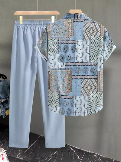 CLASSY BLUE MANDALA  Mens Full Set Trouser and Shirt Half Sleeves