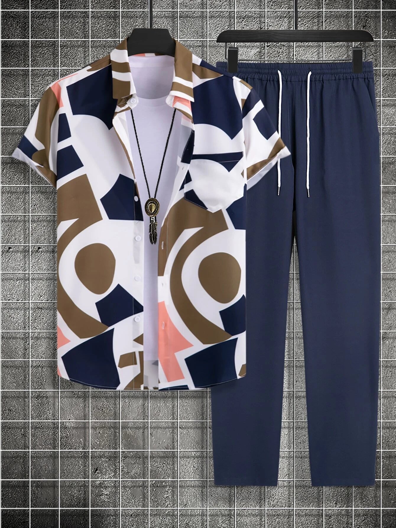 Classy Brown and Blue Patchwork on White Mens Full Set Trouser and Shirt Half Sleeves