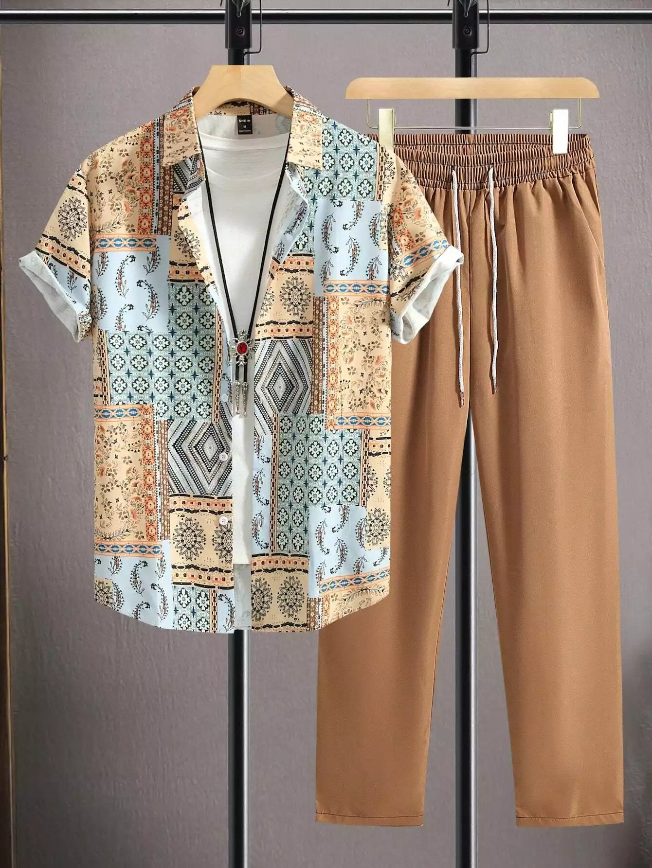 CLASSY BROWN MANDALA Mens Full Set Trouser and Shirt Half Sleeves