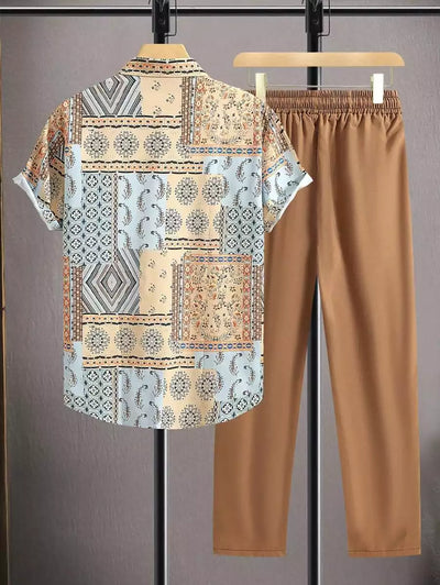 CLASSY BROWN MANDALA Mens Full Set Trouser and Shirt Half Sleeves