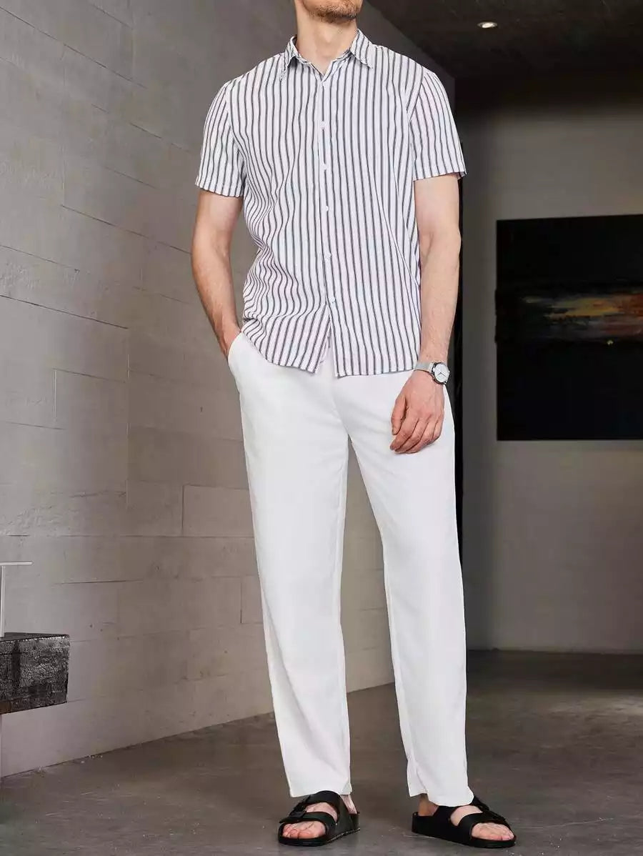 Brown Lining on White Mens Full Set Trouser and Shirt Half Sleeves