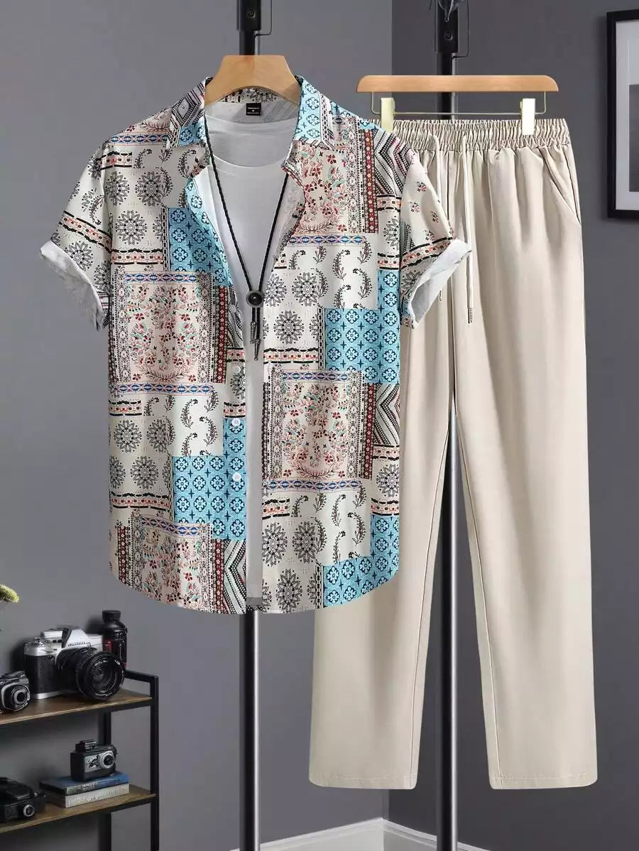 CLASSY CREAM MANDALA  Mens Full Set Trouser and Shirt Half Sleeves