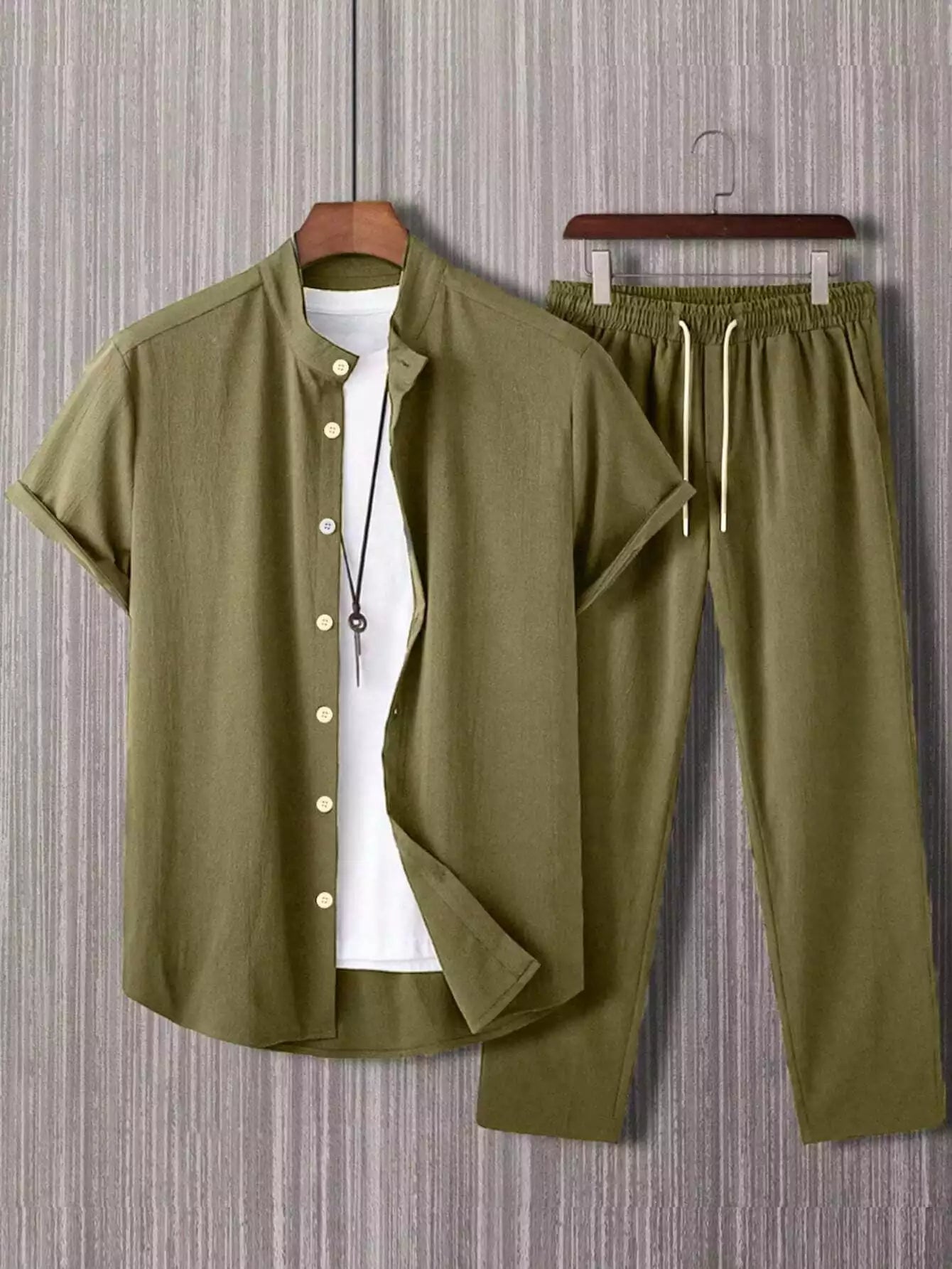 Plain Army Green Mens Full Set Trouser and Shirt Half Sleeves