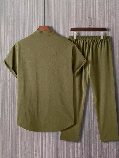 Plain Army Green Mens Full Set Trouser and Shirt Half Sleeves