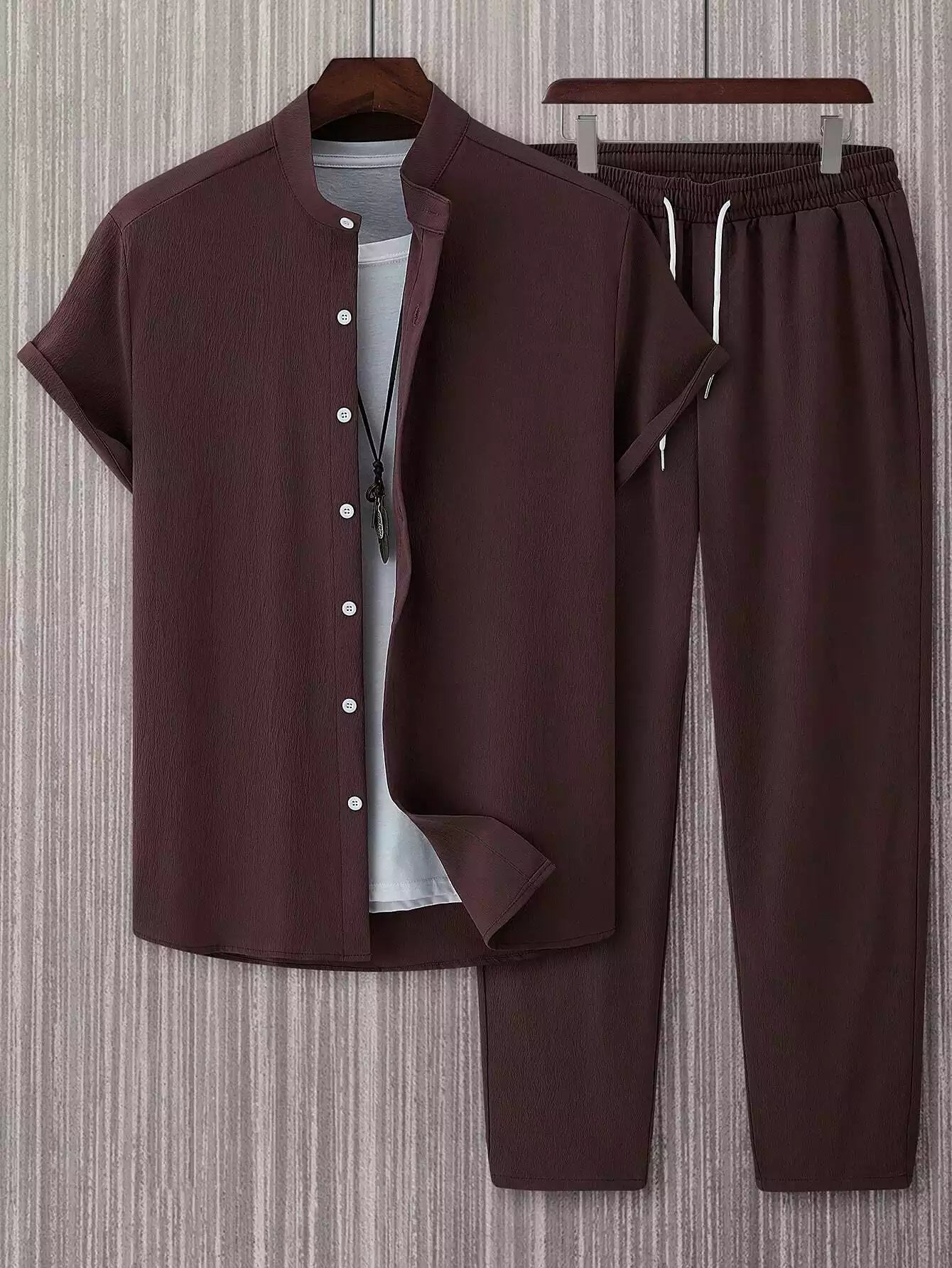 Plain Dark Brown Mens Full Set Trouser and Shirt Half Sleeves