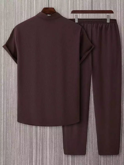 Plain Dark Brown Mens Full Set Trouser and Shirt Half Sleeves