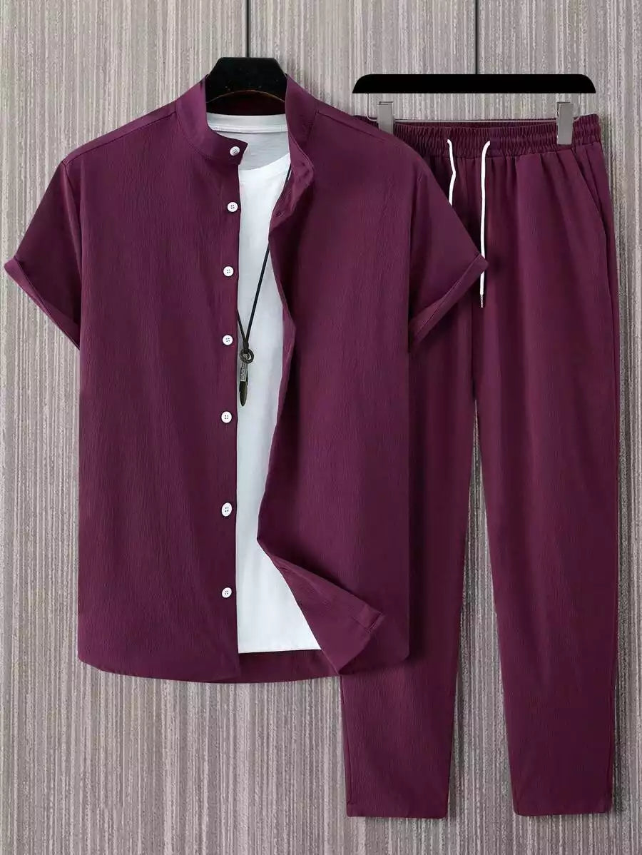 Plain Burgundy Mens Full Set Trouser and Shirt Half Sleeves