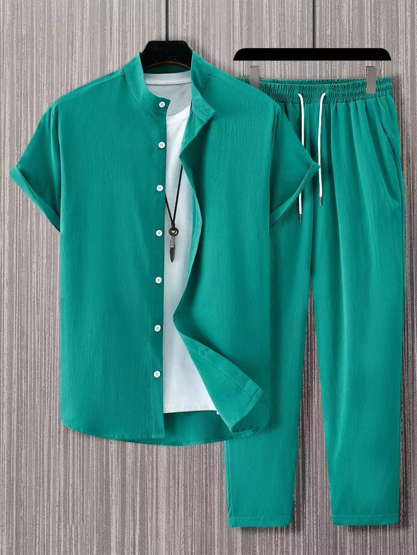 Plain Green Mens Full Set Trouser and Shirt Half Sleeves