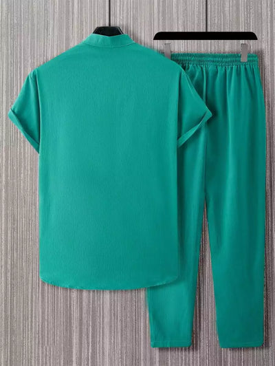 Plain Green Mens Full Set Trouser and Shirt Half Sleeves