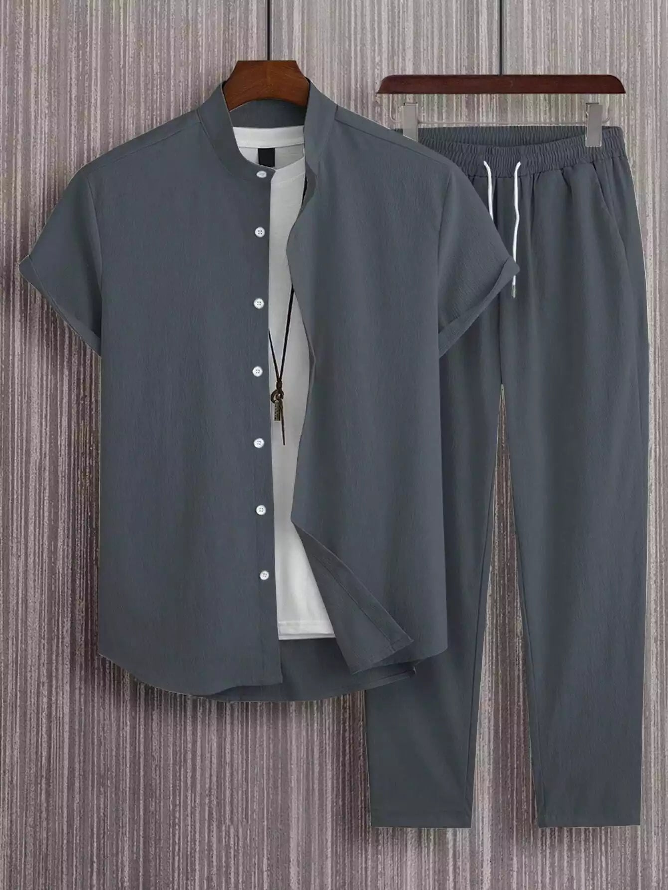 Plain Grey Mens Full Set Trouser and Shirt Half Sleeves