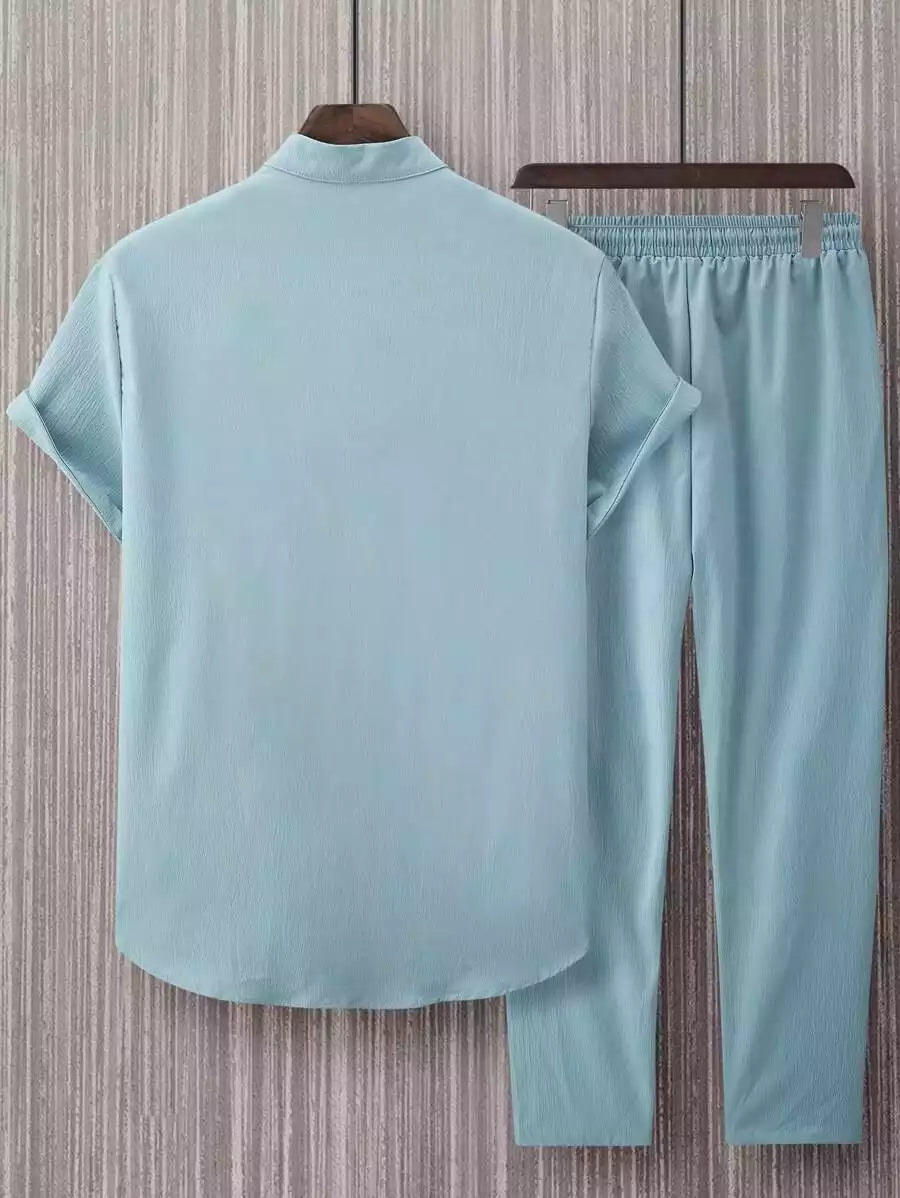 Plain Mint Blue Mens Full Set Trouser and Shirt Half Sleeves