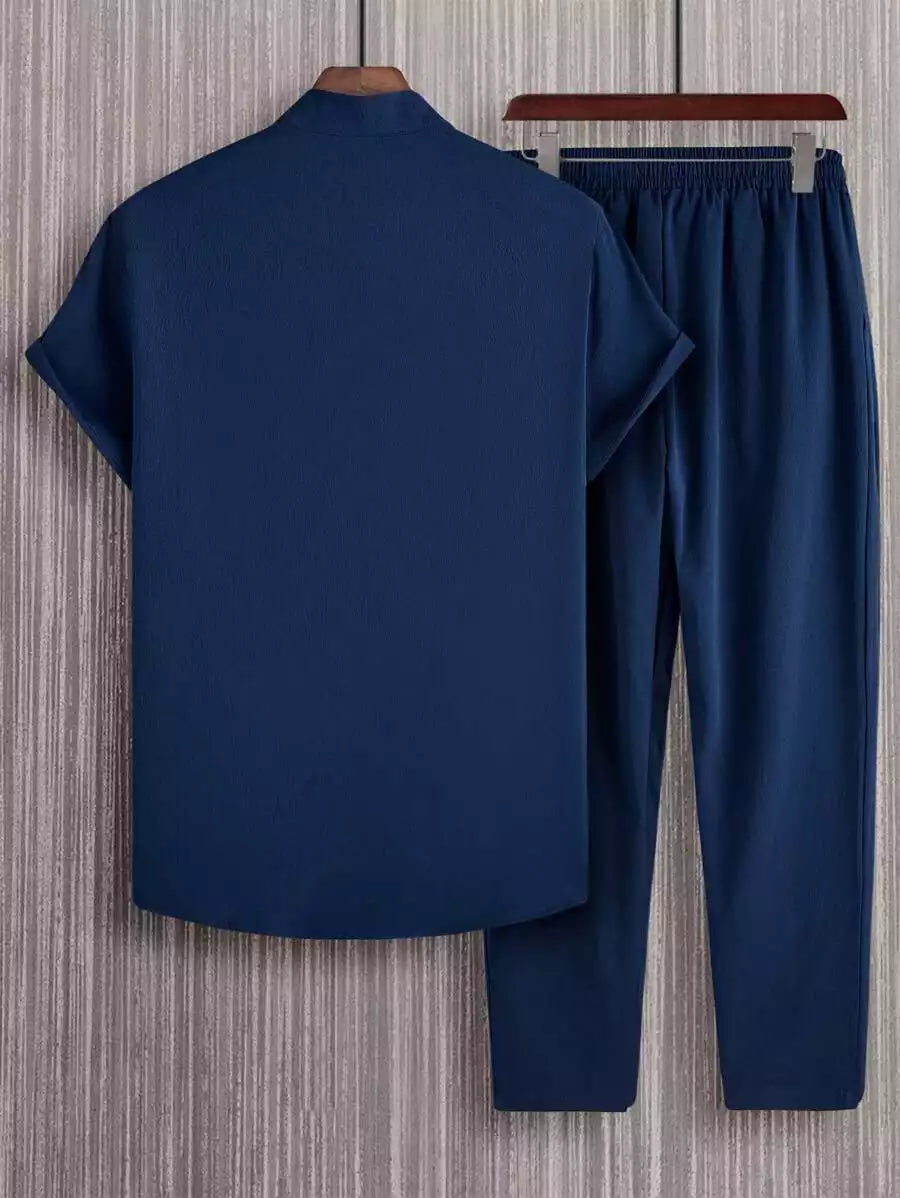 Plain Navy Blue Mens Full Set Trouser and Shirt Half Sleeves