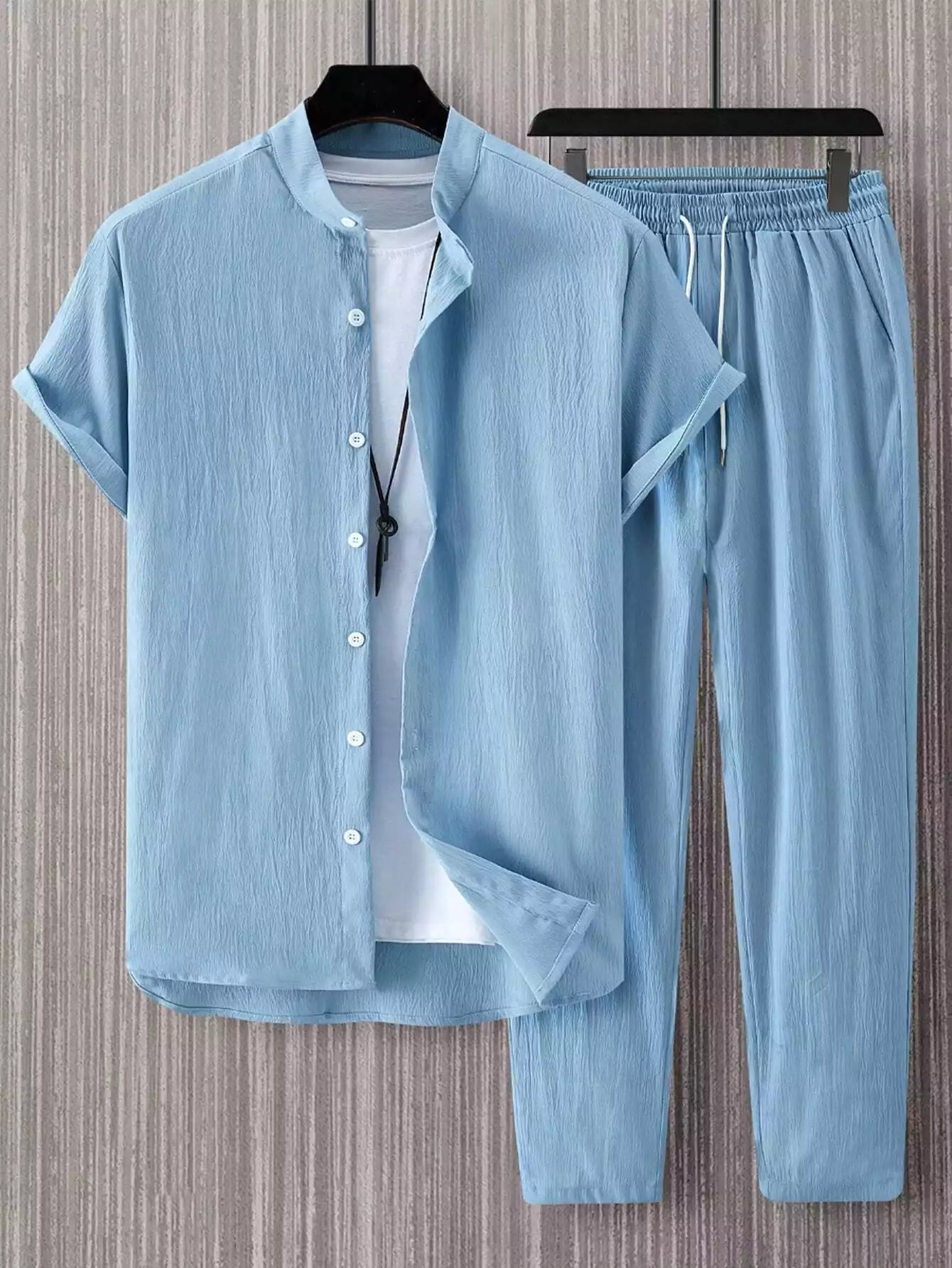 Plain Sky Blue Mens Full Set Trouser and Shirt Half Sleeves