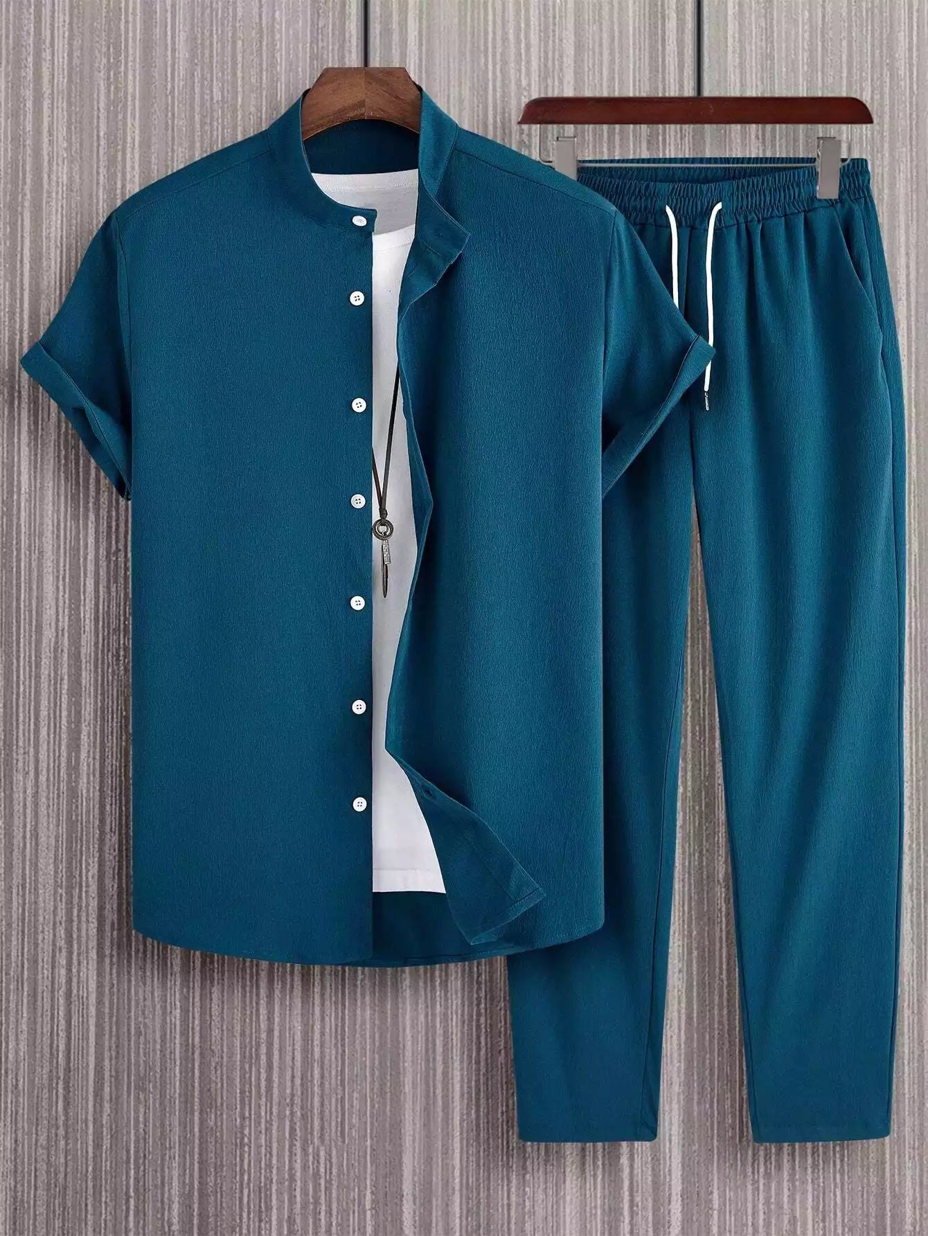 Plain Teal Blue Mens Full Set Trouser and Shirt Half Sleeves