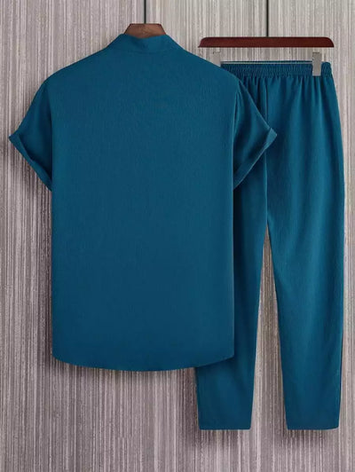 Plain Teal Blue Mens Full Set Trouser and Shirt Half Sleeves