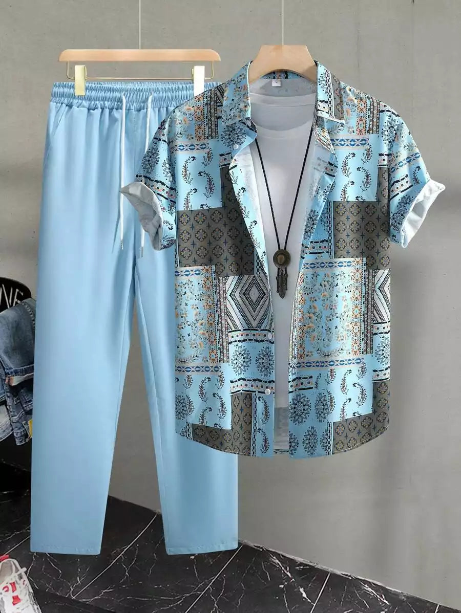 CLASSY SKYBLUE MANDALA  Mens Full Set Trouser and Shirt Half Sleeves