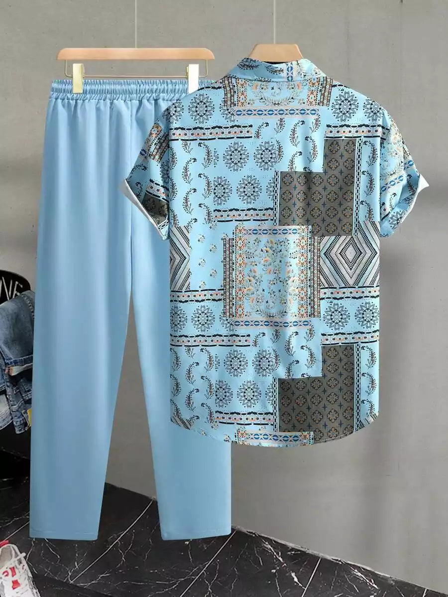 CLASSY SKYBLUE MANDALA  Mens Full Set Trouser and Shirt Half Sleeves