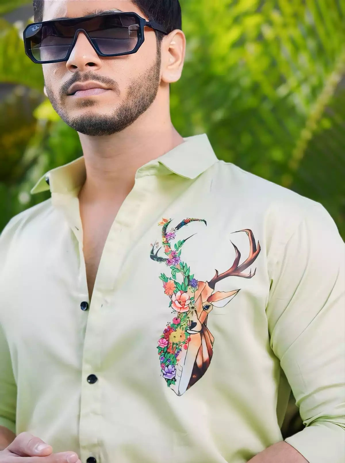 Green Deer Printed Mens Full Sleeves Formal Shirt Party Wear