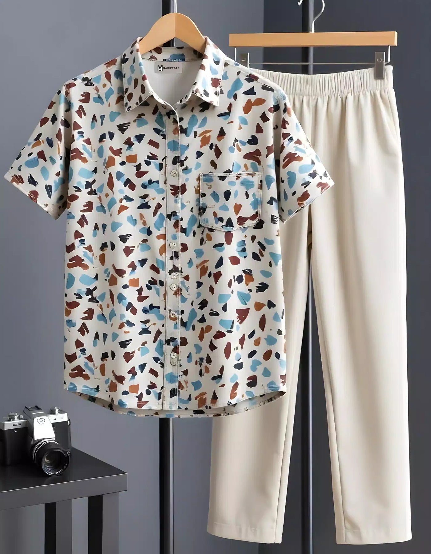 Cream Spots Mens Full Set Trouser and Shirt Half Sleeves