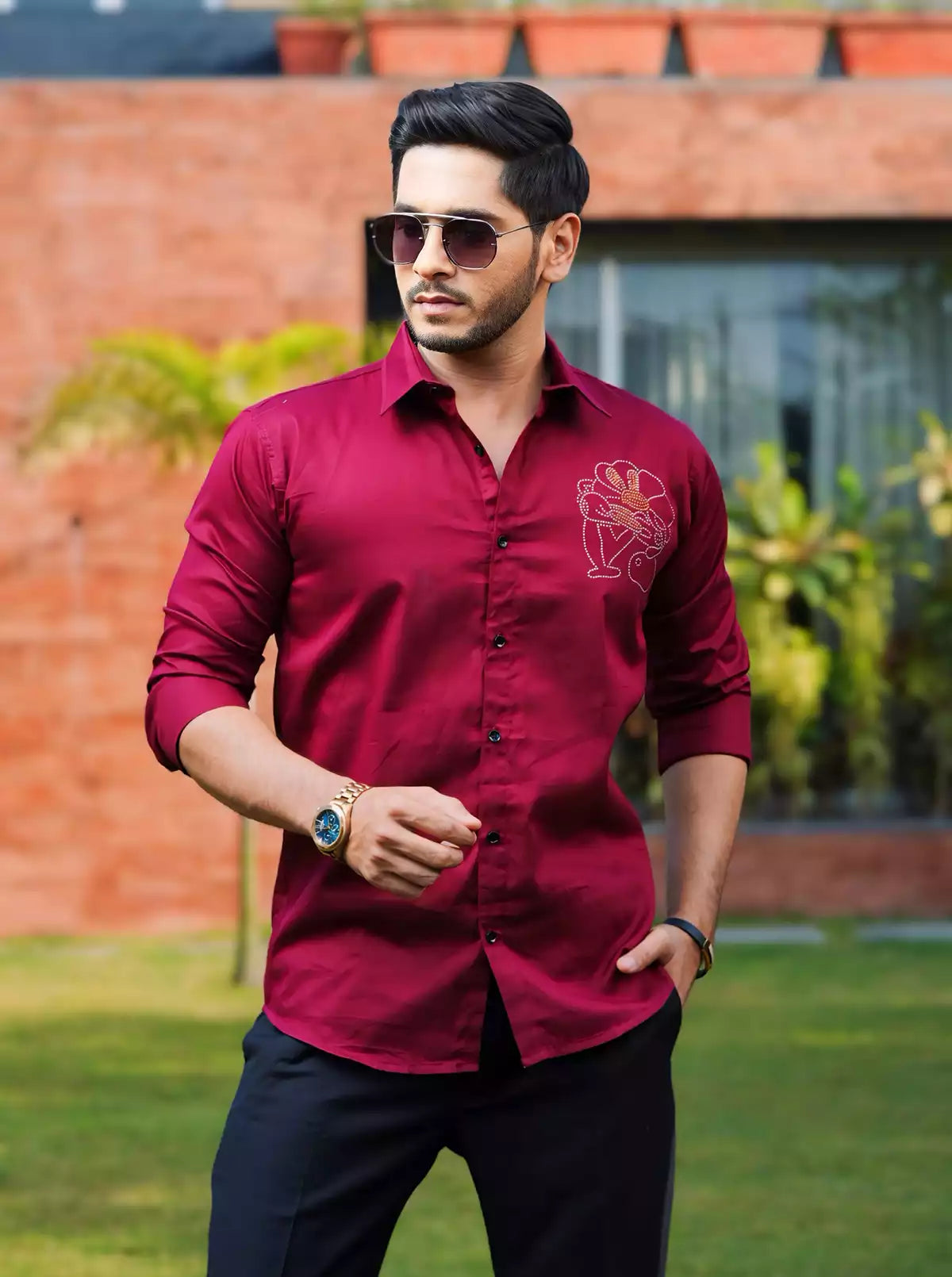 Maroon Embroidery Mens Full Sleeves Formal Shirt Party Wear