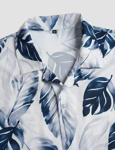 NAVY BLUE LEAVES  Design Mens Half Sleeves Cotton Shirts