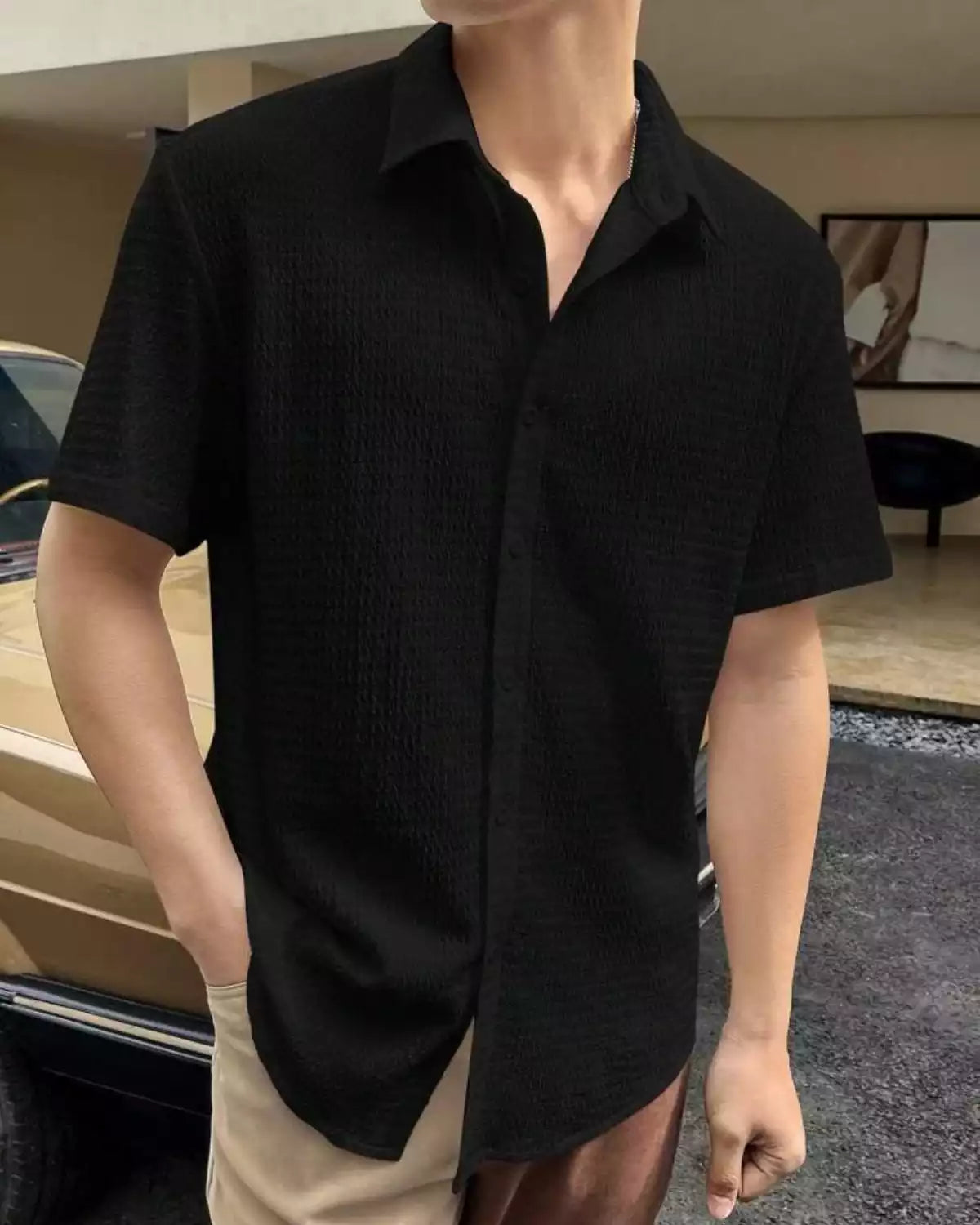 Plain Pattern Black Color Men's Simple  Cotton Casual Shirt Half Sleeve available