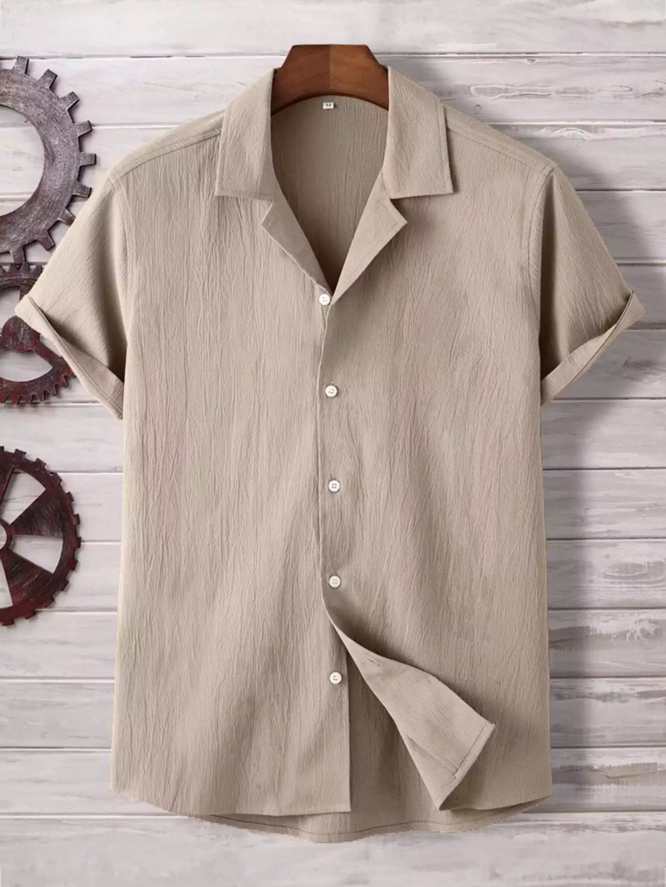 Plain Pattern Cream Color Men's Simple  Cotton Casual Shirt Half Sleeve available