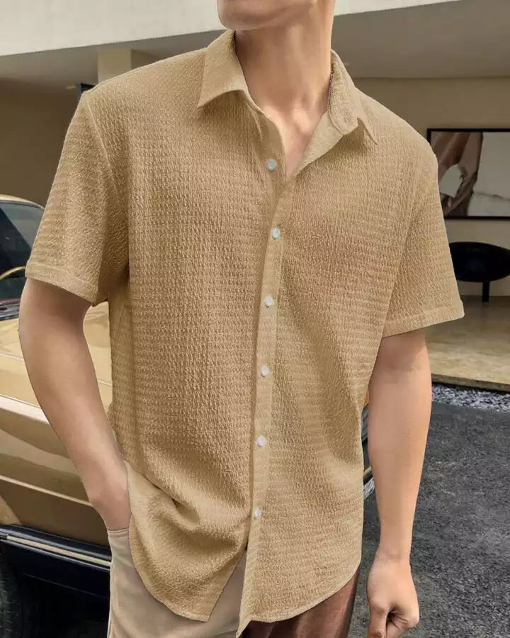 Plain Pattern Cream Color Men's Simple  Cotton Casual Shirt Half Sleeve available