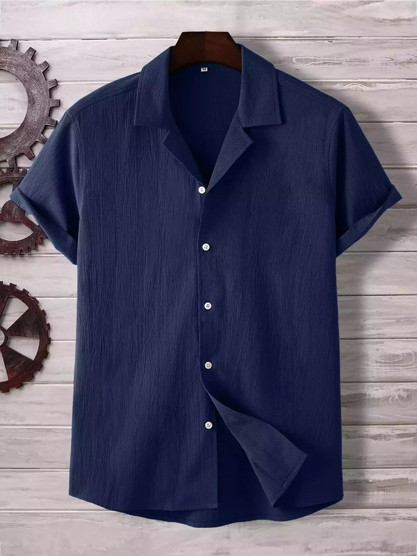 Plain Pattern Dark Blue Color Men's Simple  Cotton Casual Shirt Half Sleeve available