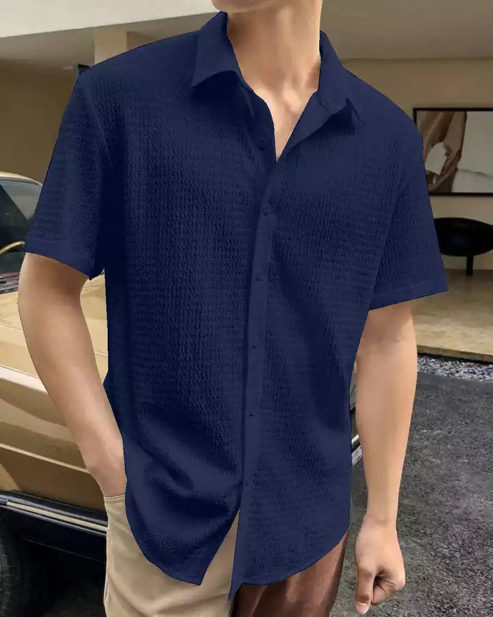 Plain Pattern Dark Blue Color Men's Simple  Cotton Casual Shirt Half Sleeve available