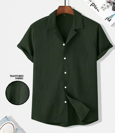 Plain Pattern Dark Green Color Men's Simple  Cotton Casual Shirt Half Sleeve available