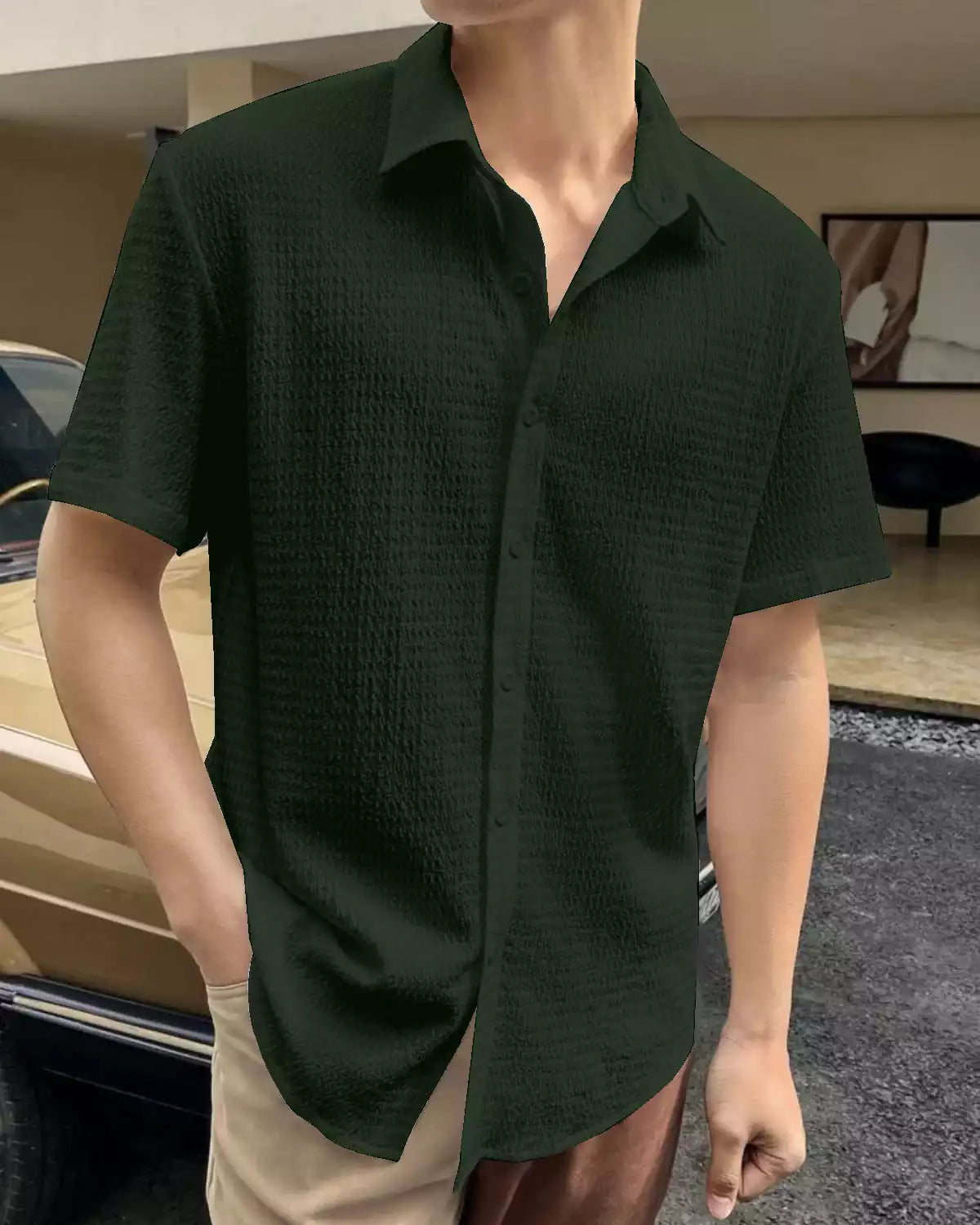 Plain Pattern Dark Green Color Men's Simple  Cotton Casual Shirt Half Sleeve available