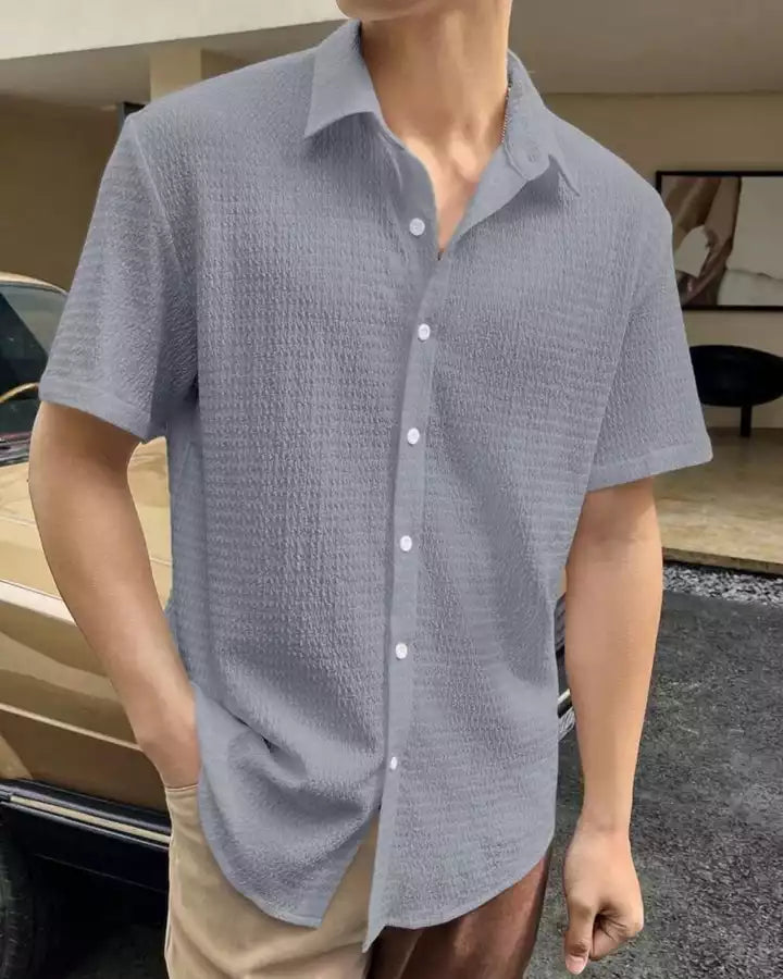 Plain Pattern Grey Color Men's Simple  Cotton Casual Shirt Half Sleeve available