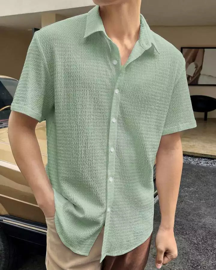 Plain Pattern Light Green Color Men's Simple  Cotton Casual Shirt Half Sleeve available