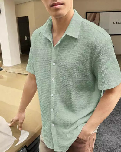 Plain Pattern Light Green Color Men's Simple  Cotton Casual Shirt Half Sleeve available