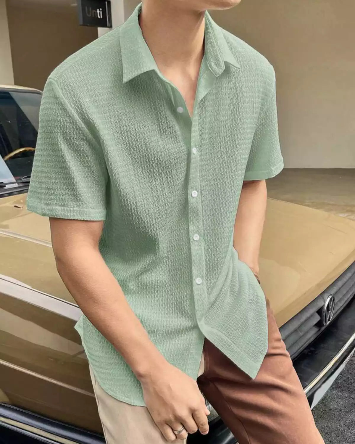 Plain Pattern Light Green Color Men's Simple  Cotton Casual Shirt Half Sleeve available