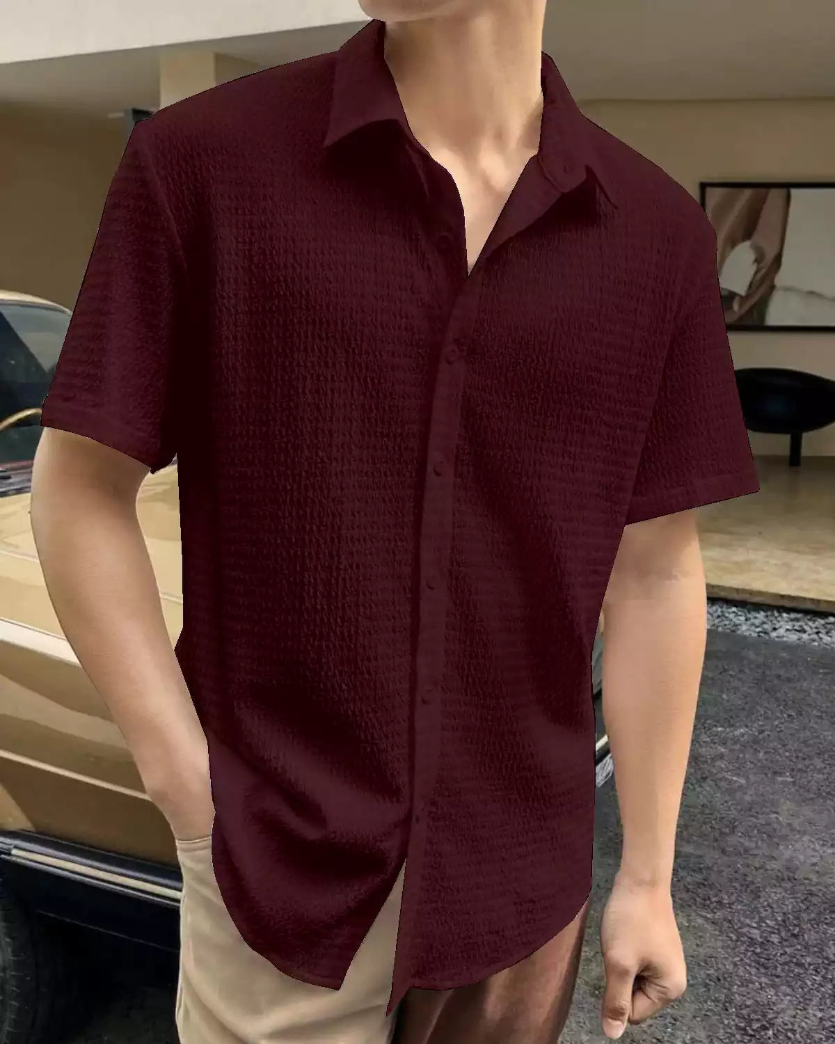 Plain Pattern Maroon Color Men's Simple  Cotton Casual Shirt Half Sleeve available