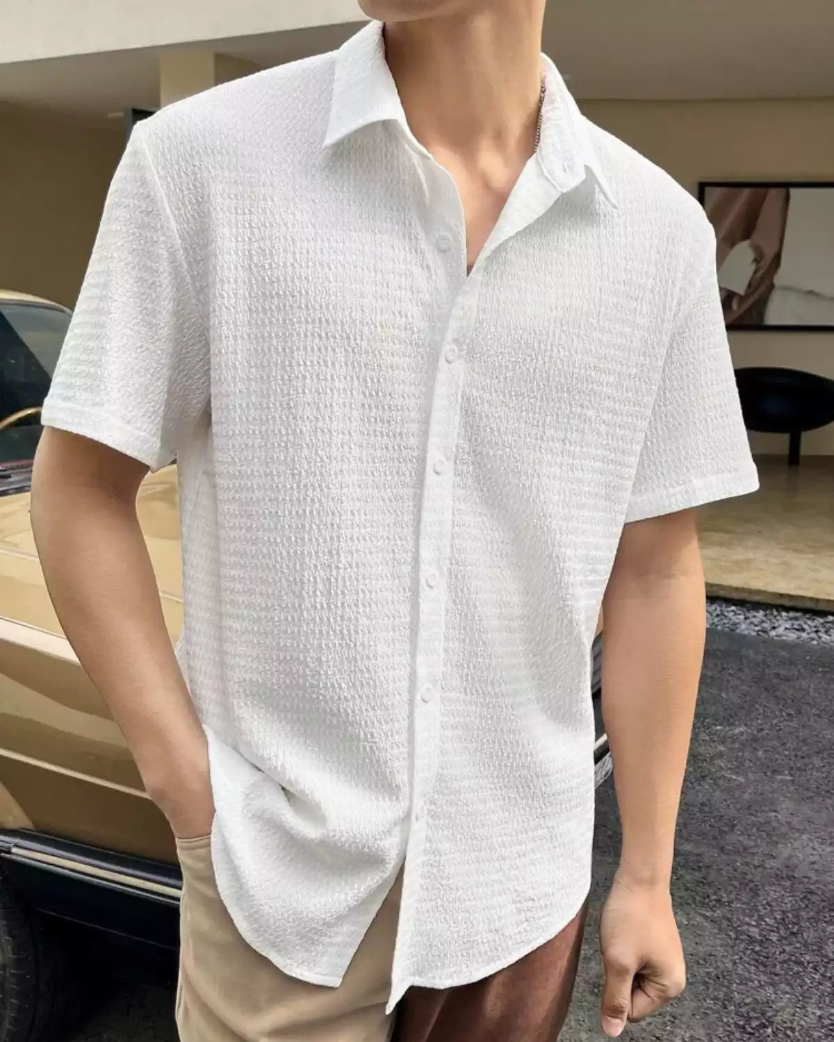 Plain Pattern White Color Men's Simple  Cotton Casual Shirt Half Sleeve available