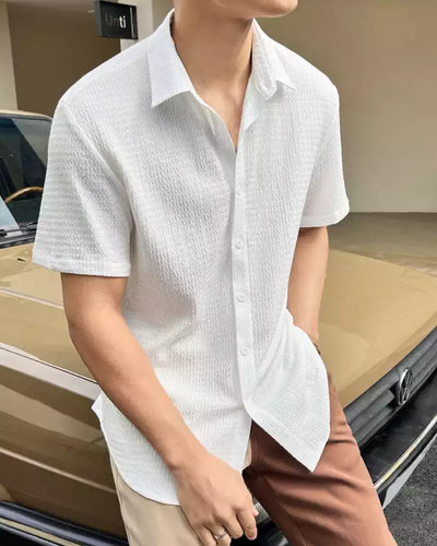 Plain Pattern White Color Men's Simple  Cotton Casual Shirt Half Sleeve available