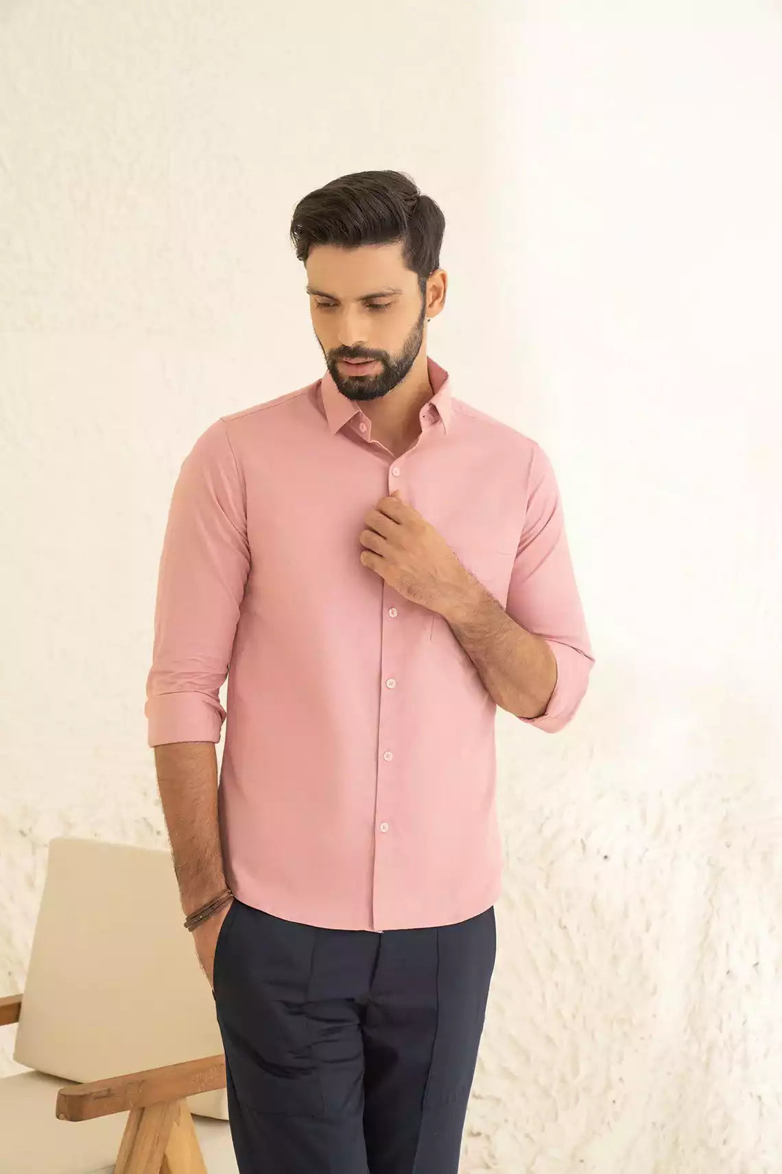 Pink Premium Men's Full Sleeves Plain Shirt Collection Cotton Fabric