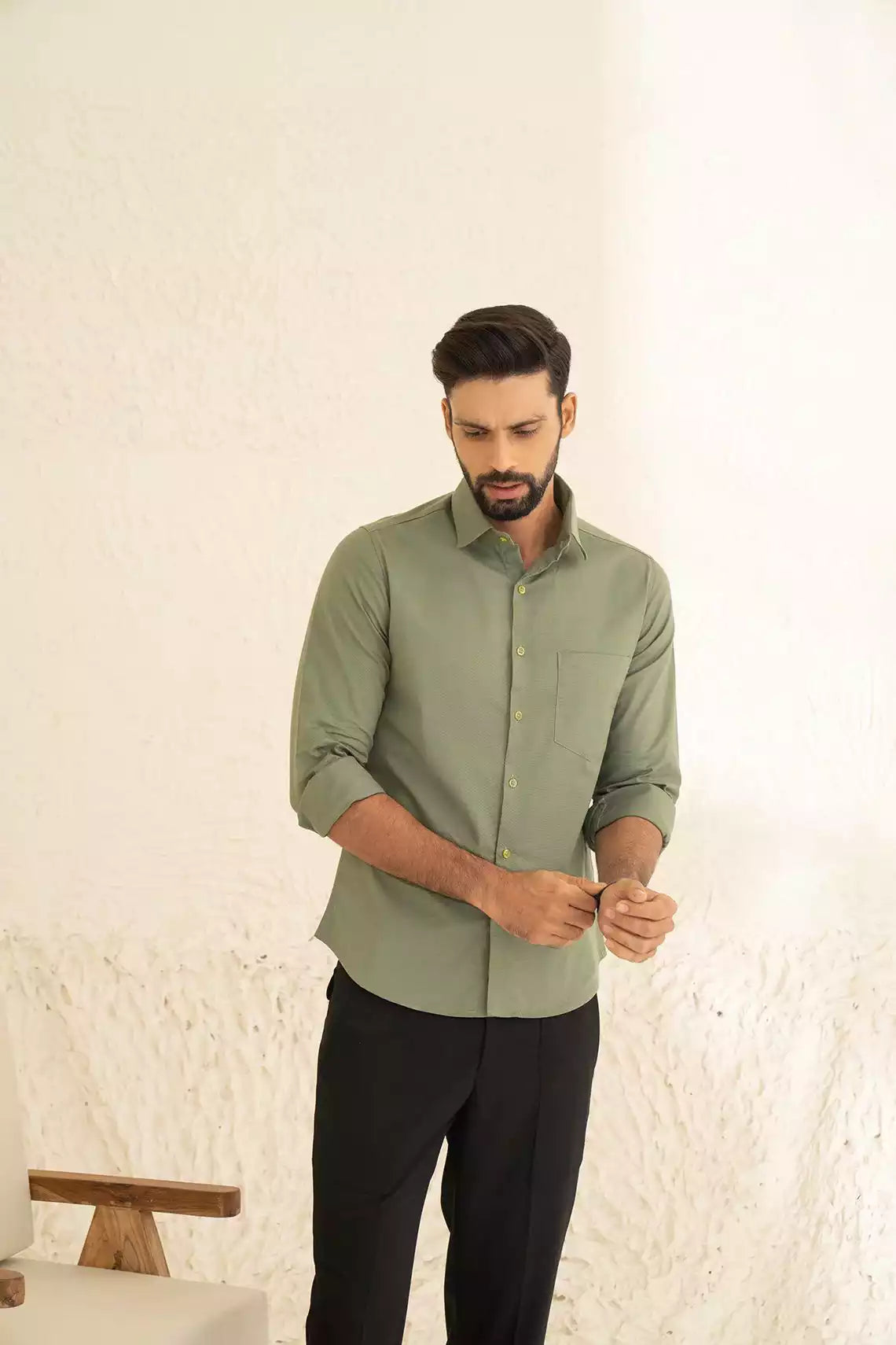 Sage Green Premium Men's Full Sleeves Plain Shirt Collection Cotton Fabric