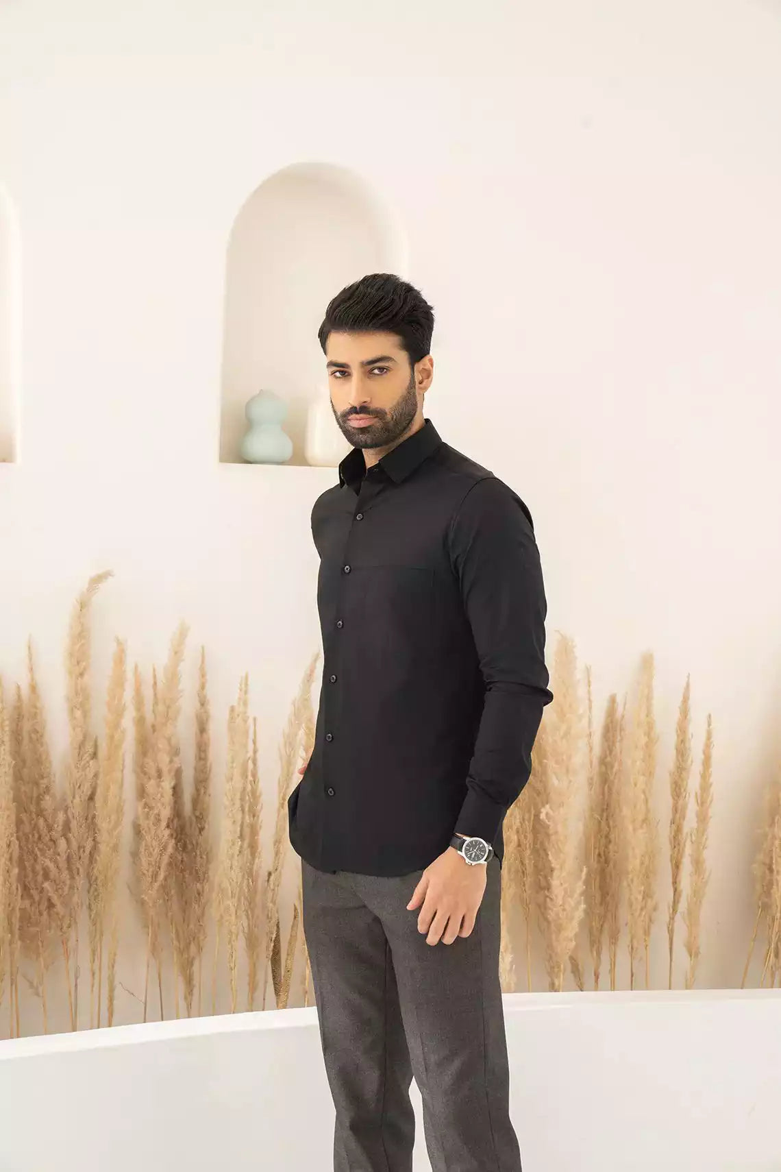 Black Premium Men's Full Sleeves Plain Shirt Collection Cotton Fabric