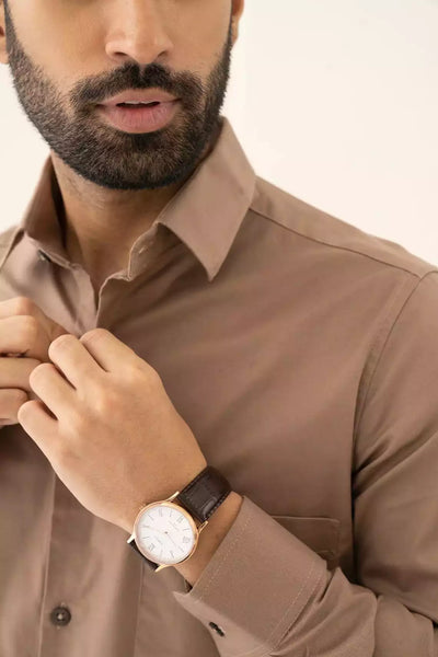 Brown Premium Men's Full Sleeves Plain Shirt Collection Cotton Fabric